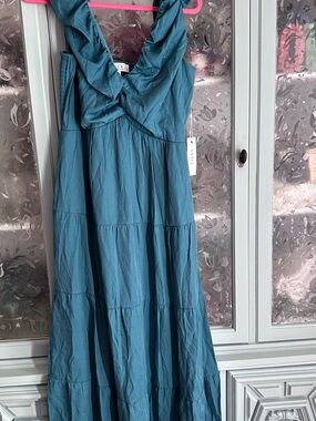 Sienna Sky Teal Ruffled V-Neck Tiered Maxi Dress